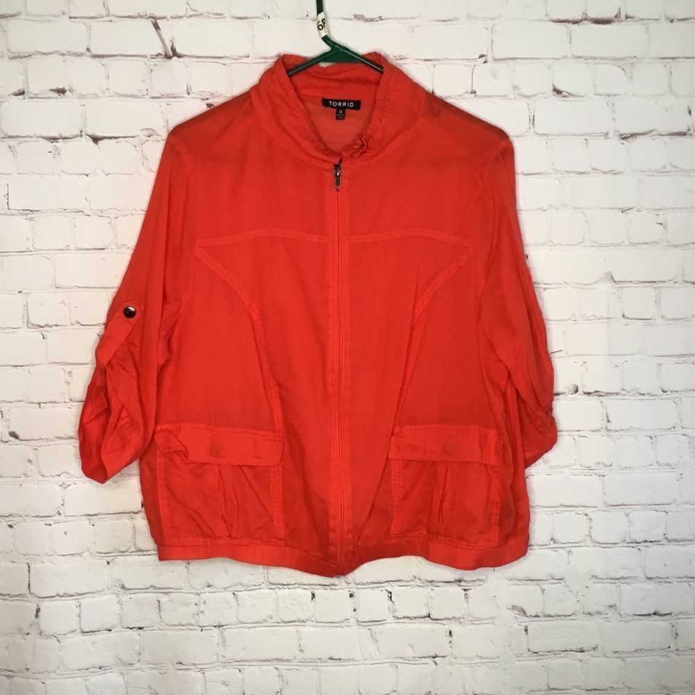 Torrid Womens Coral Red Bomber Jacket Lightweight Full‎ Zip Cotton Size 0